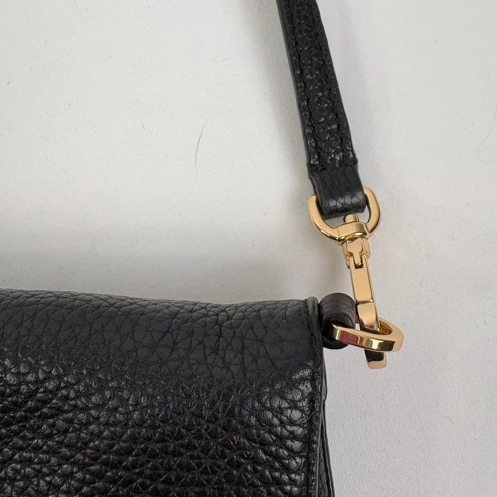Tory Burch Thea Messenger Bag Black Pebbled Leather Tassel Crossbody Gold Logo
